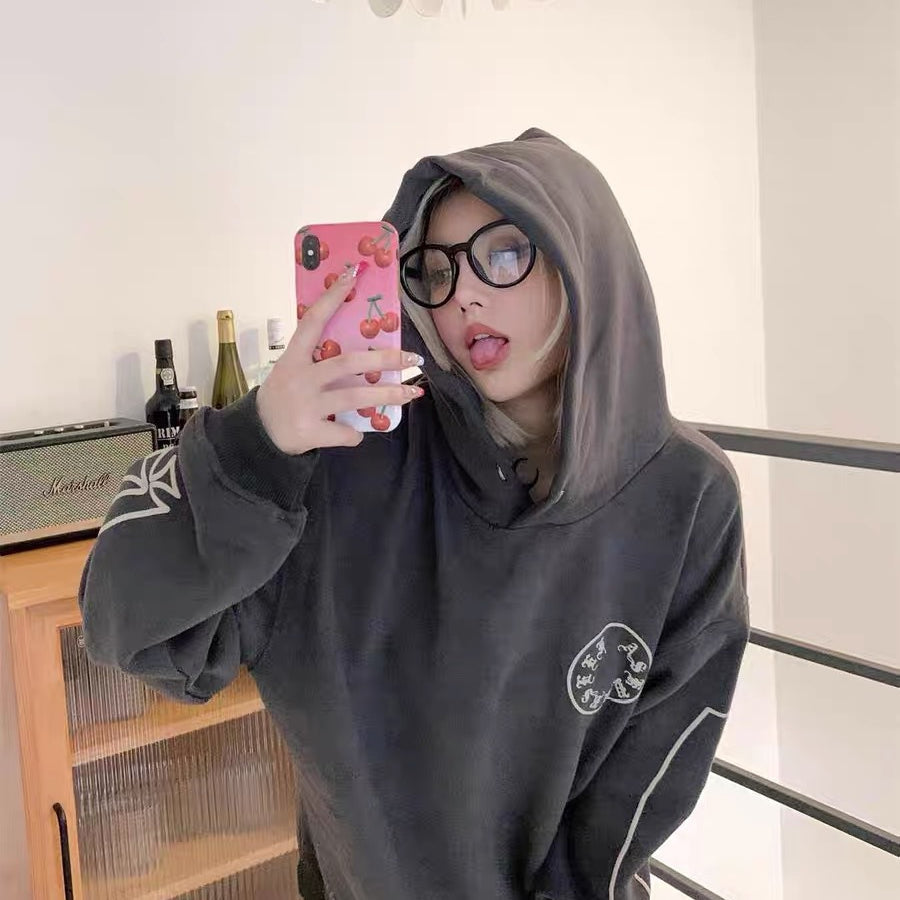 Askyurself Hoodie Loose Hooded Printed Washed Sweater
