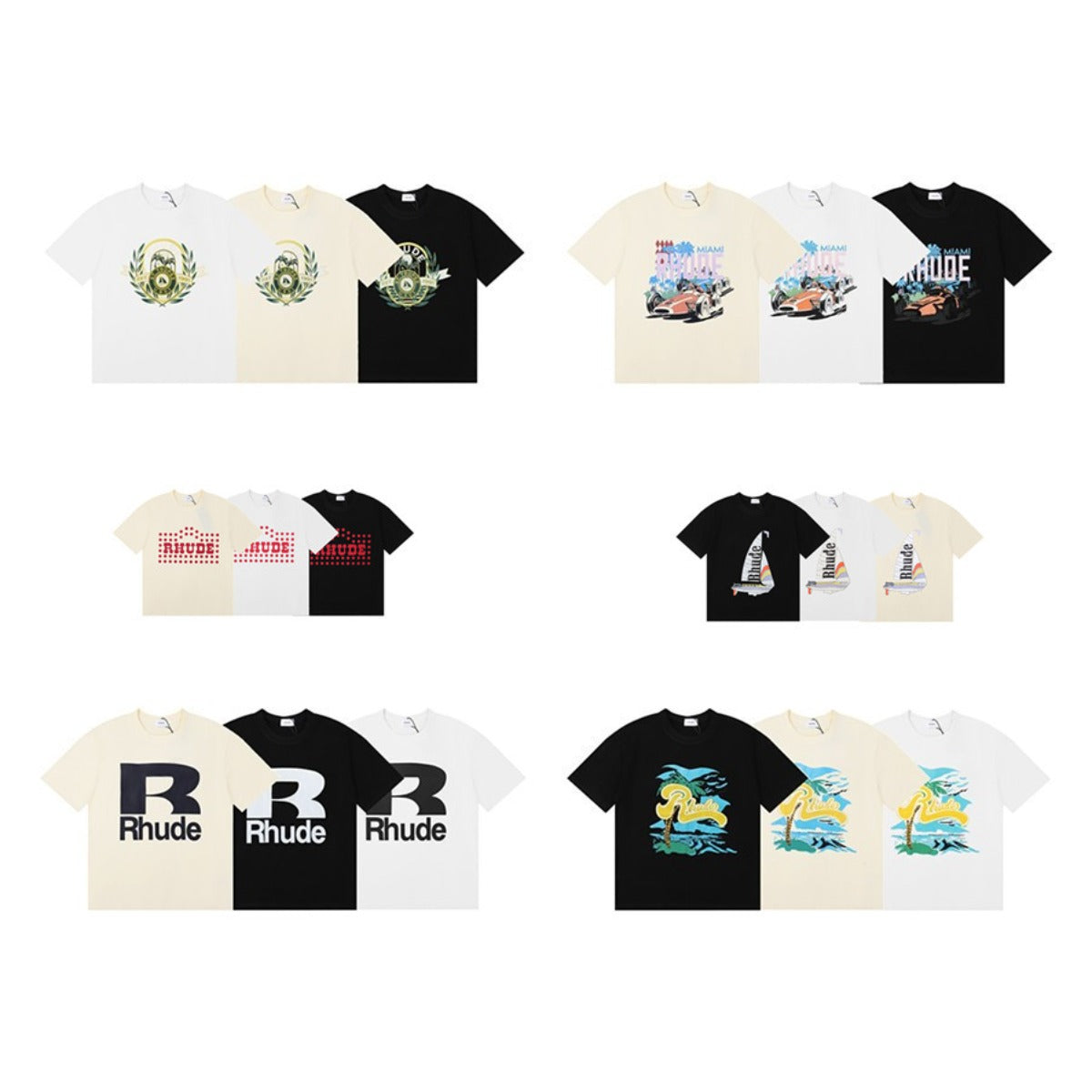 Rhude T-shirt Alphabet Coconut Racing Pattern Short Sleeve T-shirt